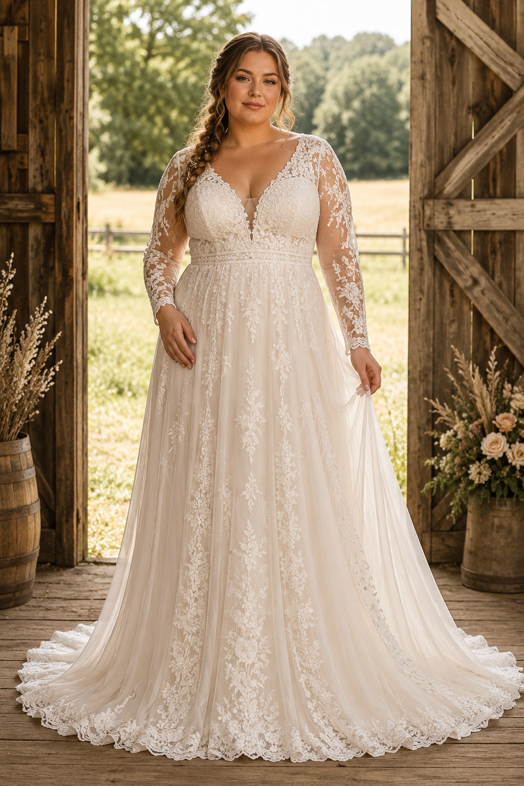 Plus Size Ivory V-Neck Long Illusion Sleeve Lace Tulle A-Line Wedding Dress with Long Illusion Sleeves and Lace Chapel Train