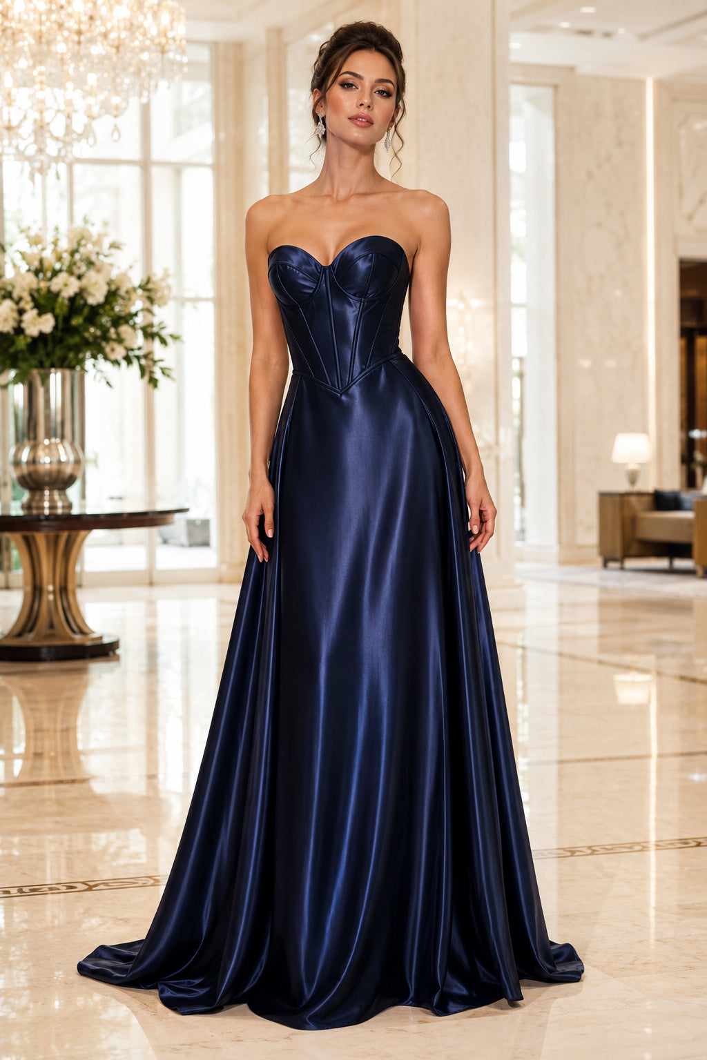 Dark Navy Strapless Satin A-Line Formal Dress front view
