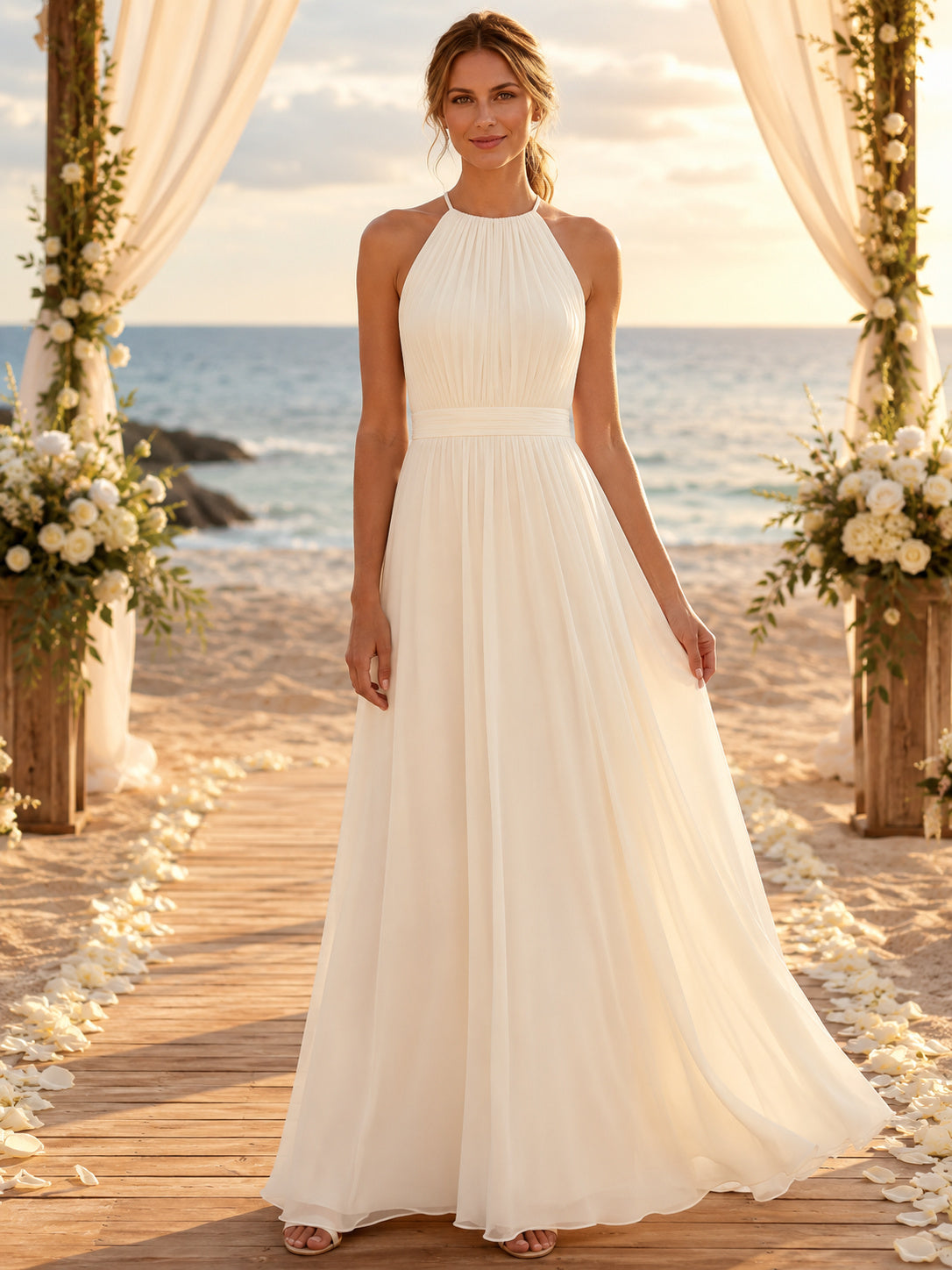 Beach Halter Empire Relaxed Chiffon A-Line Wedding Dress front view