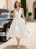 Retro Halter Bow Back Tea-Length A-Line Wedding Dress front view