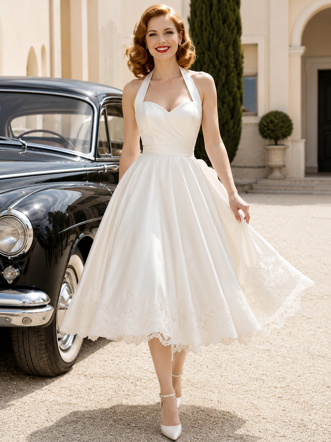 Retro Halter Bow Back Tea-Length A-Line Wedding Dress front view