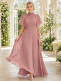 Dusty Rose High Neck Flutter Sleeve Chiffon Formal Dress front view