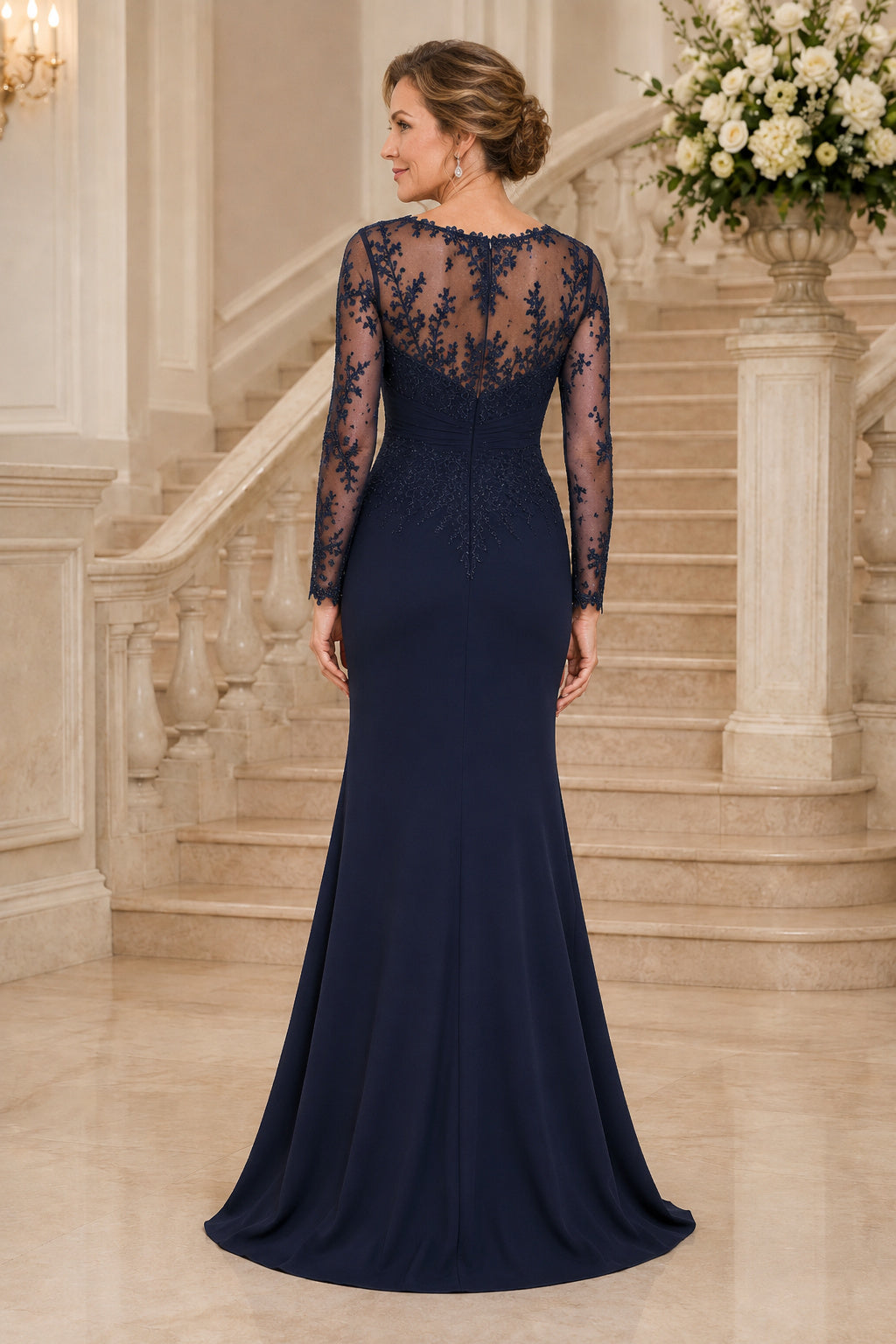Dark Navy Long Sleeve Mermaid Mother Dress with Lace Illusion Bodice and Train back view