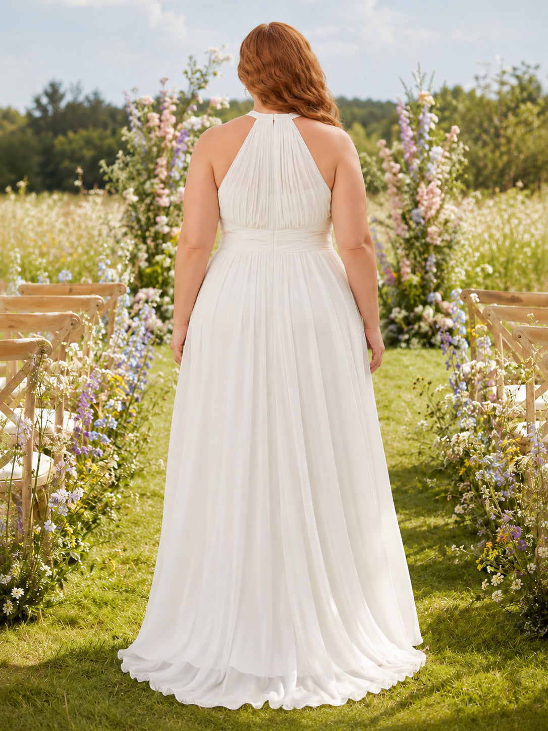 Plus Size High Neck Halter Chiffon Garden Bridal Gown back view