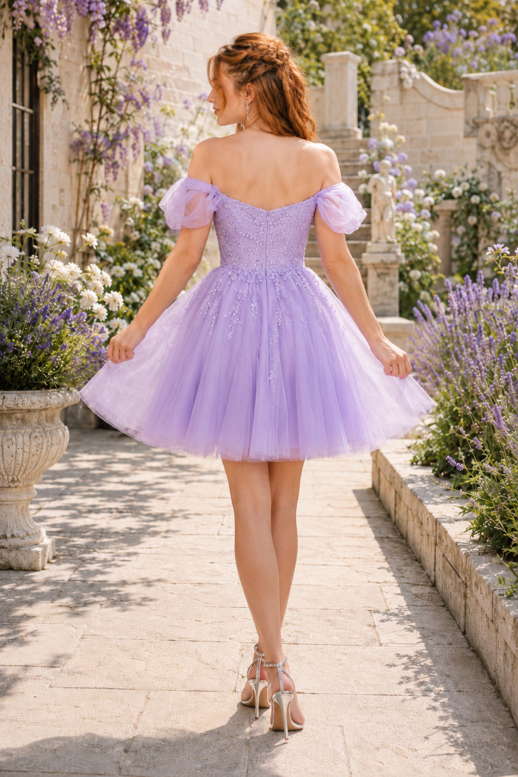 Lavender Off The Shoulder Puff Sleeve Lace Tulle Short A Line Homecoming Dress Homecoming Dress back view