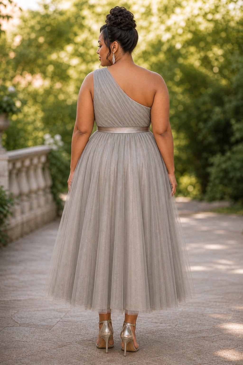 Gray Halter Tea-Length Tulle A-Line Dress