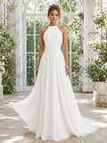 Beach Chiffon Wedding Dress A-Line Halter Sleeveless Floor Length Bridal Gown Style 722369 front view