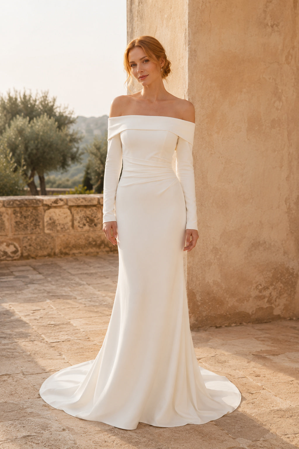 White Off-the-Shoulder Long Sleeve Stretch Satin Mermaid Wedding Dress front view