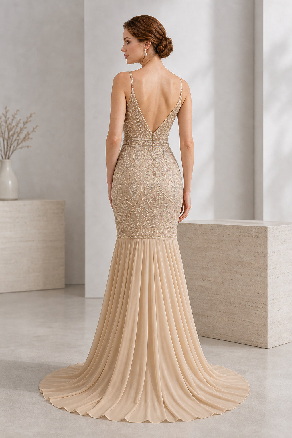 Champagne Sweetheart Mermaid Jersey Floor-length Wedding Dress With Pleats and Open Back