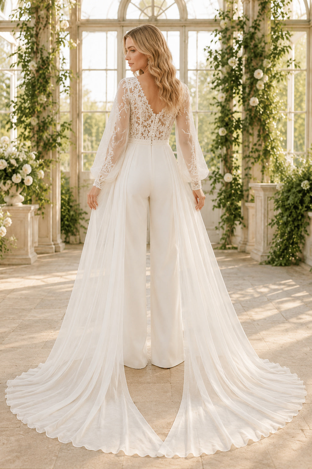 Ivory V-Neck Bishop Sleeve Lace Satin Floor-Length Bridal Jumpsuit with Bishop Sleeves and Chapel Overskirt back view