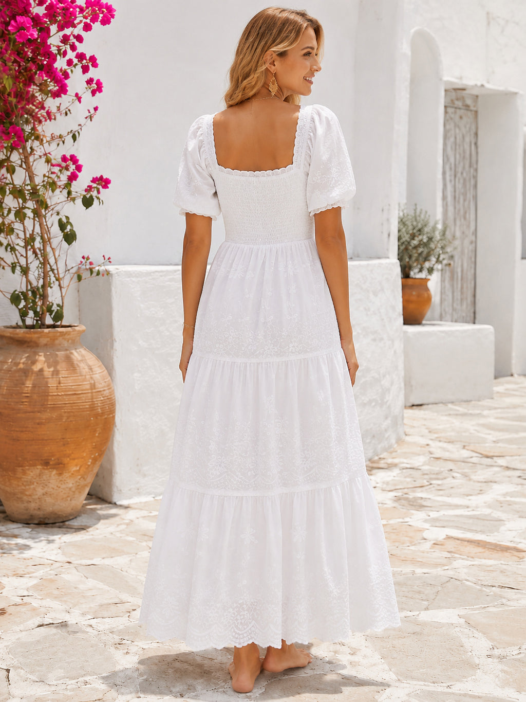 Casual White Cotton Ibicenco A Line Ankle Length Square Puff Sleeve Dress back view