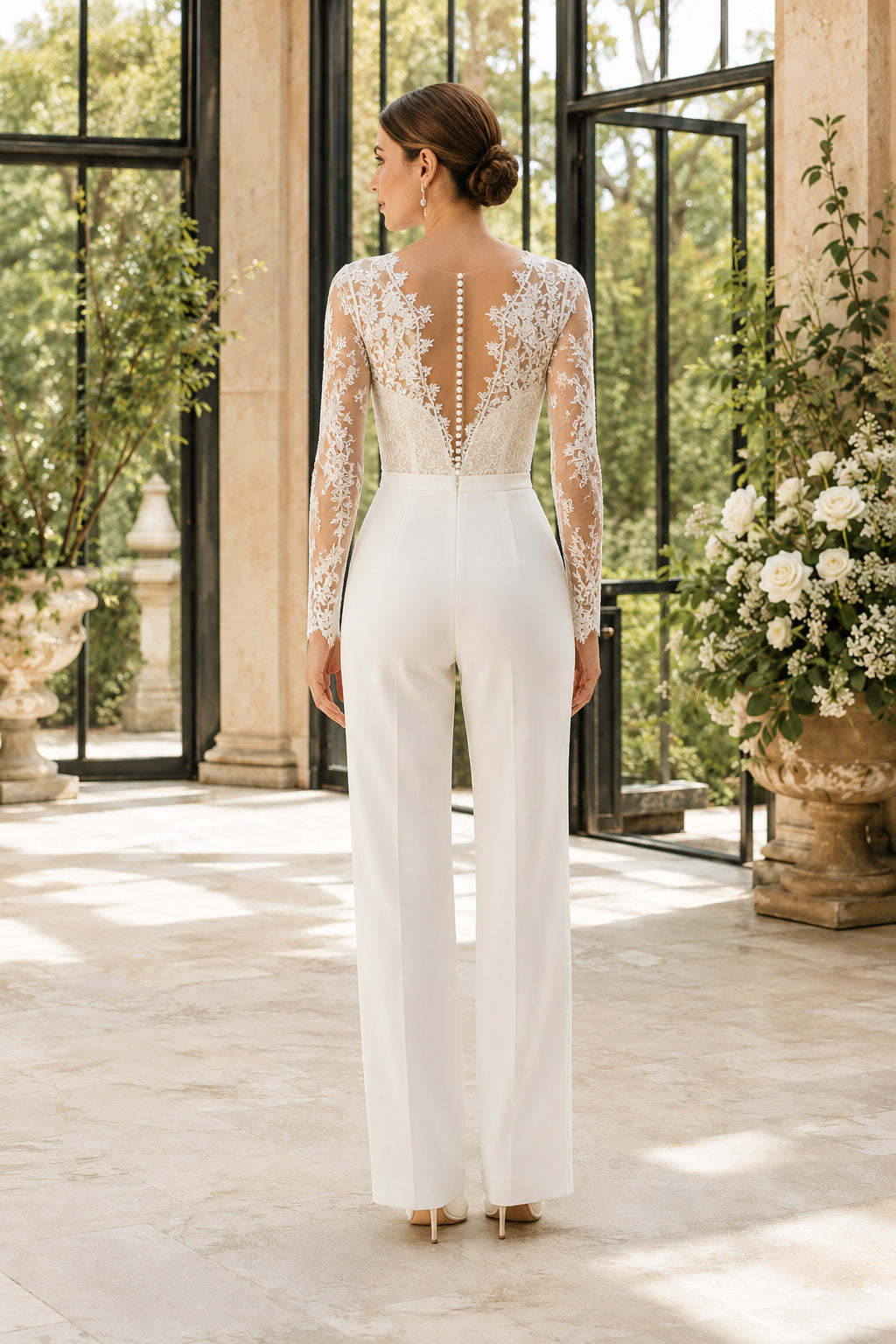 Long Sleeve Lace Bodice Bridal Jumpsuit with Button Back back view