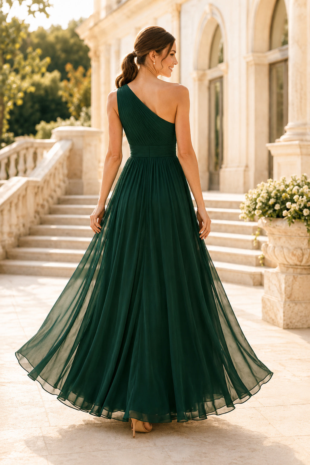 Dark Green One-Shoulder Chiffon A-Line Bridesmaid Dress with Pleated Bodice back view