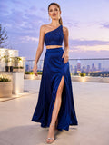 Modern Royal Blue Sequin Prom Two Piece Floor Length One Shoulder Split Gown front view