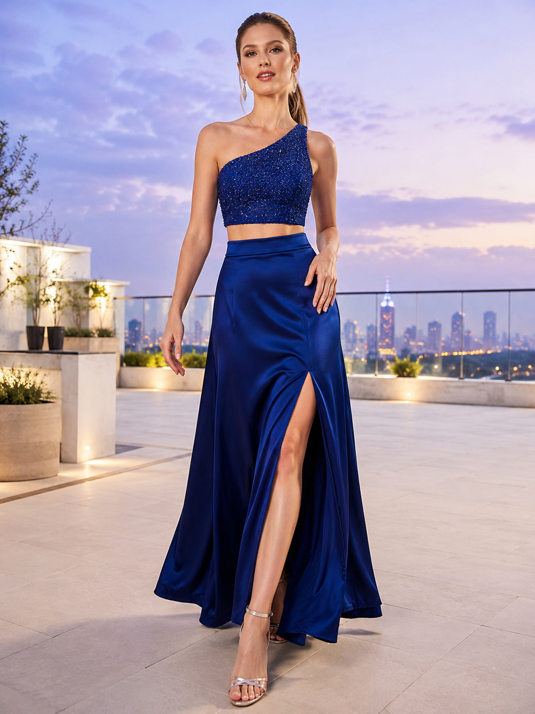Modern Royal Blue Sequin Prom Two Piece Floor Length One Shoulder Split Gown front view