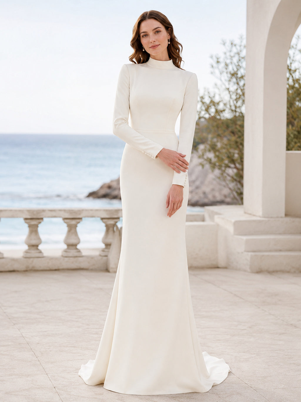 Modest Satin Wedding Dress Mermaid High Neck Long Sleeve Sweep Train Bridal Gown front view