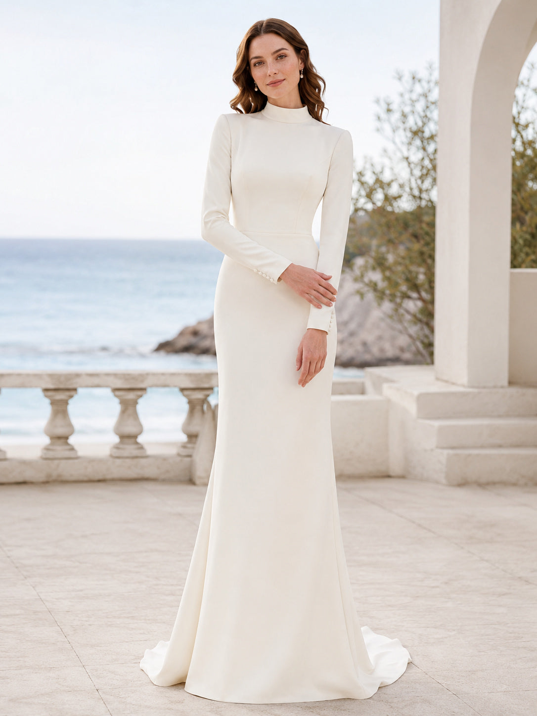 Modest Satin Wedding Dress Mermaid High Neck Long Sleeve Sweep Train Bridal Gown front view