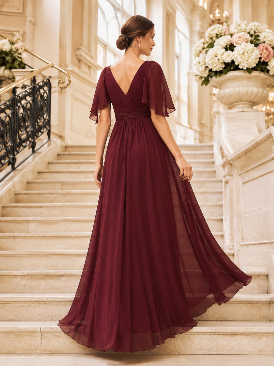 Burgundy V Neck Cape Sleeve Chiffon Formal Dress back view