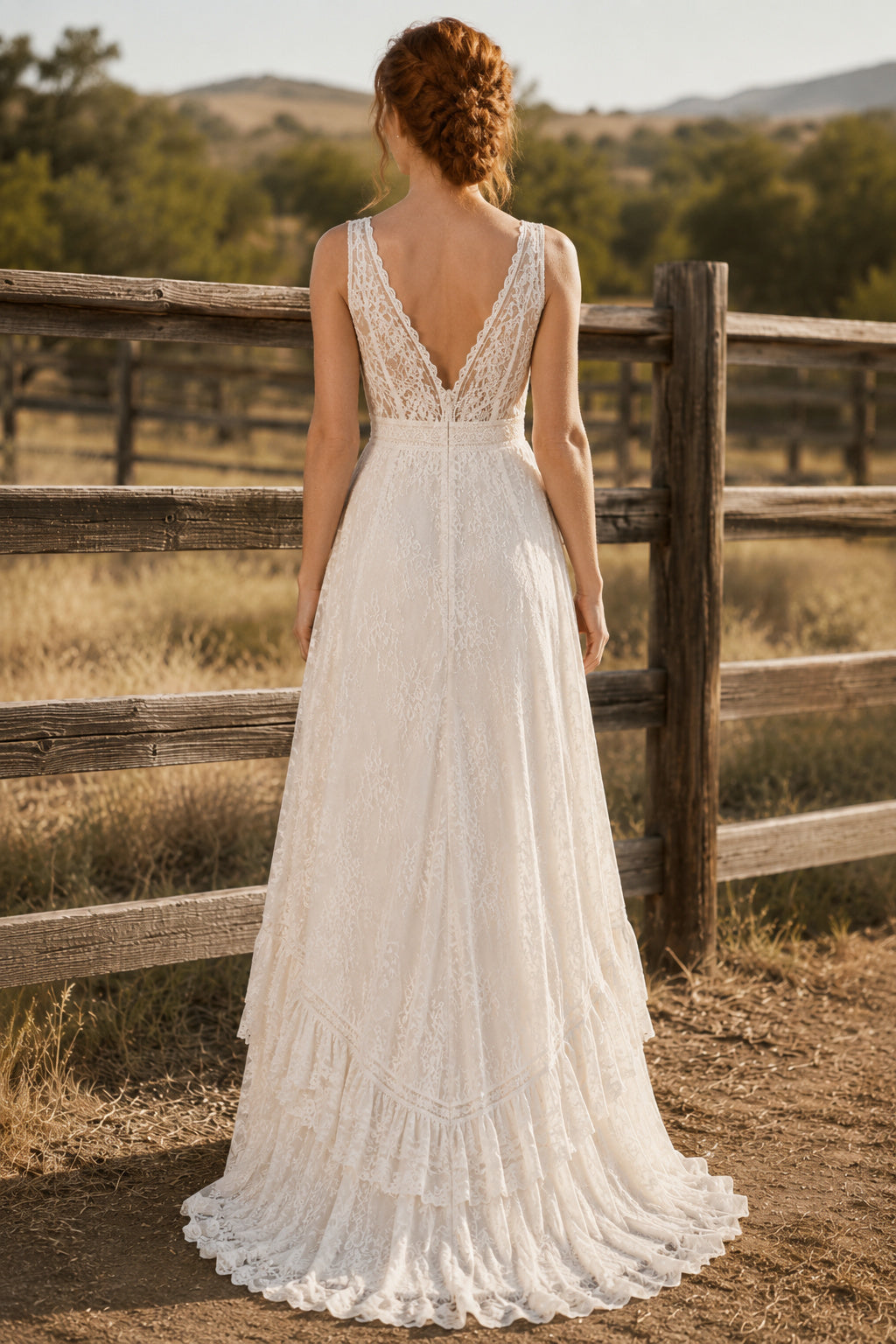 Deep V Strap High Low A-Line Wedding Dress with Lace Overlay and Sweep Back Train back view