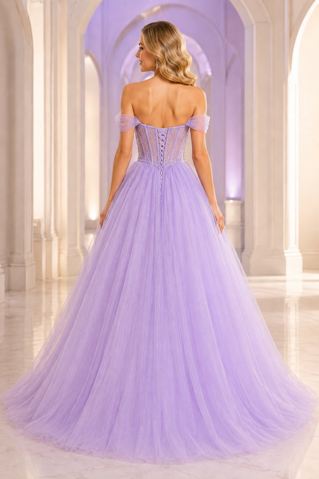 Lavende Off-the-Shoulder Tulle Ball Gown with Corset Bodice and Glitter Skirt back view