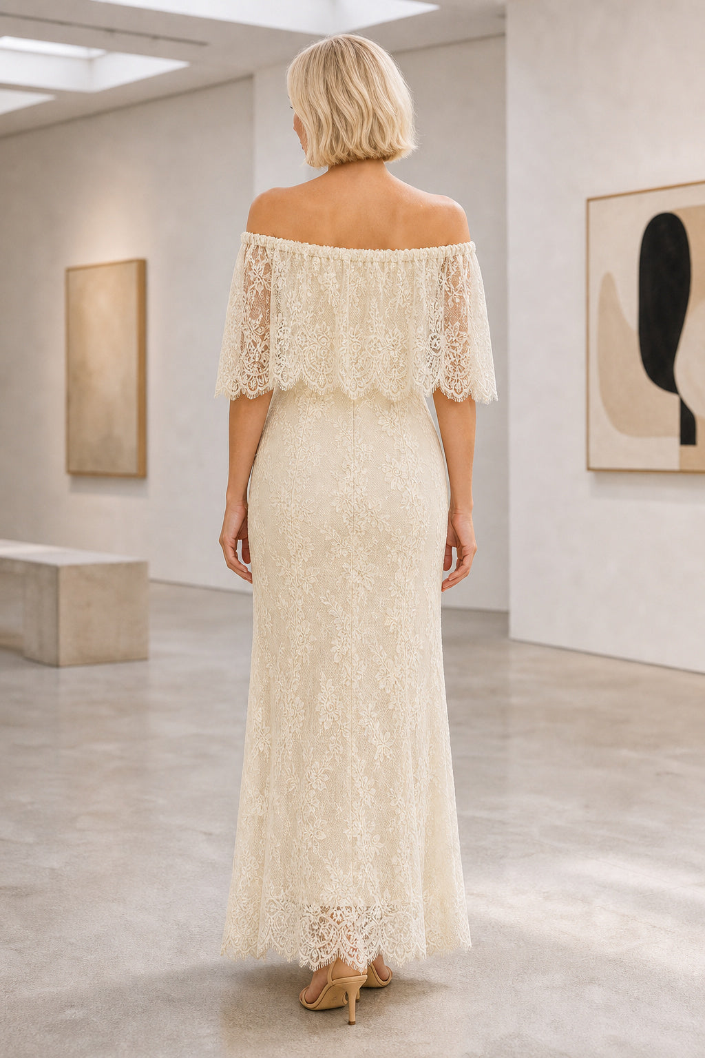 Ivory Off-the-shoulder Short Sleeves Sheath Lace Floor-length Wedding Dress With Lace and Flounce