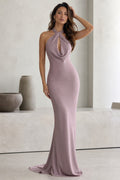 Mauve Halter Cowl Floor-Length Jersey Mermaid Dress
