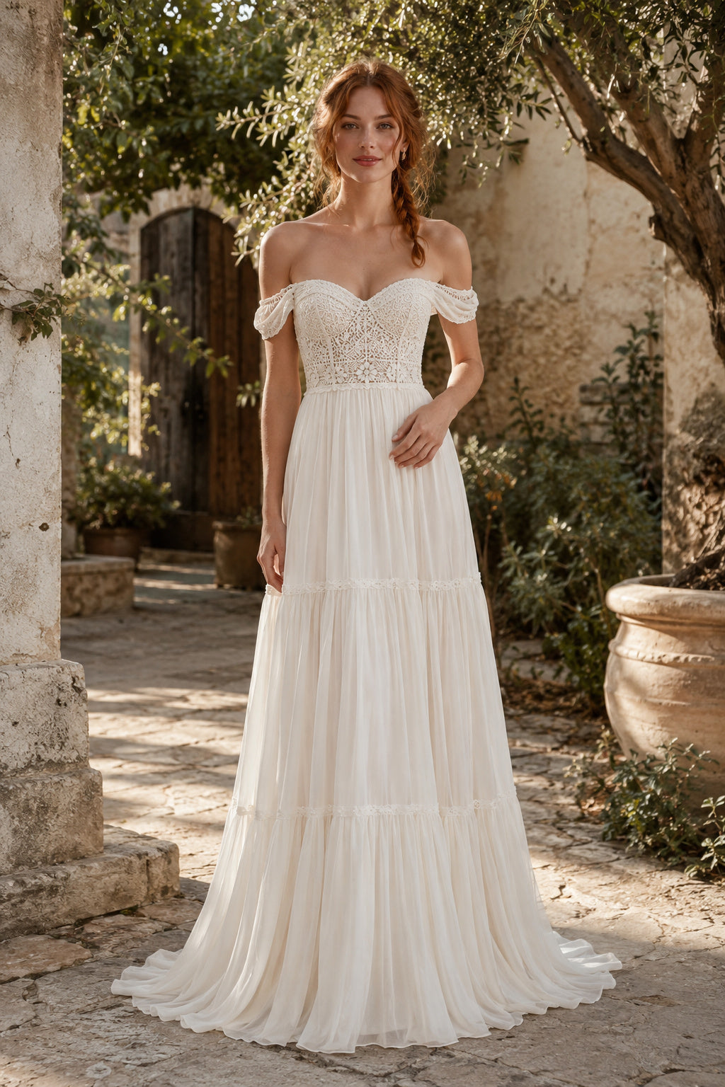 Ivory Off-the-Shoulder Chiffon A-Line Wedding Dress with Lace Bodice and Corset Back front view