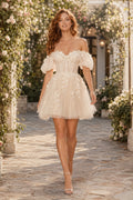 Ivory Off Shoulder Applique Tulle Mini Reception Dress for Wedding Reception and Party Style MG_700957 front view