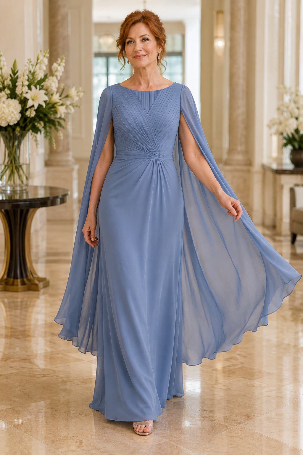 Steel Blue Bateau Chiffon Sheath Mother Dress with Pleated Bodice and Cape Sleeves front view