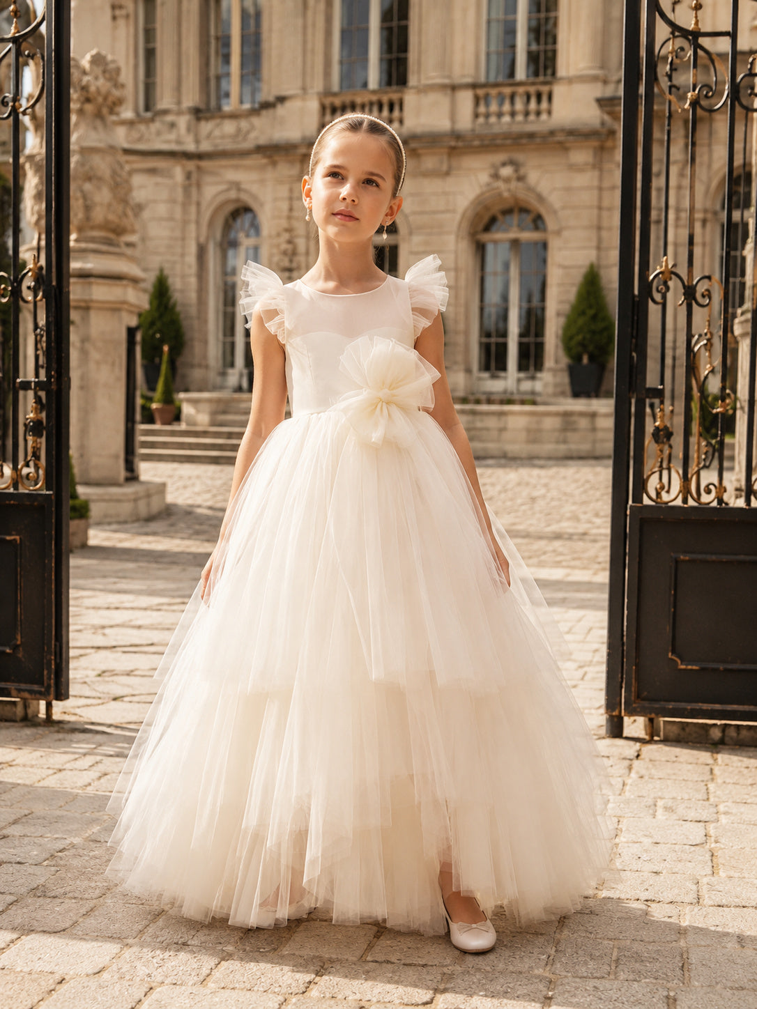 Tulle Flower Waist A-Line Flower Girl Dress with Short Sleeves, Jewel Neck and Floor-Length Skirt front view