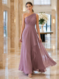 Mauve One Shoulder Draped Chiffon Formal Dress front view