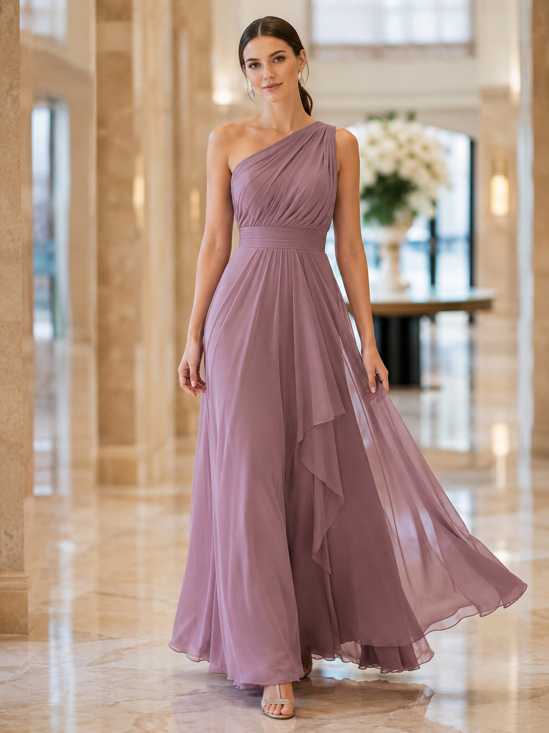 Mauve One Shoulder Draped Chiffon Formal Dress front view