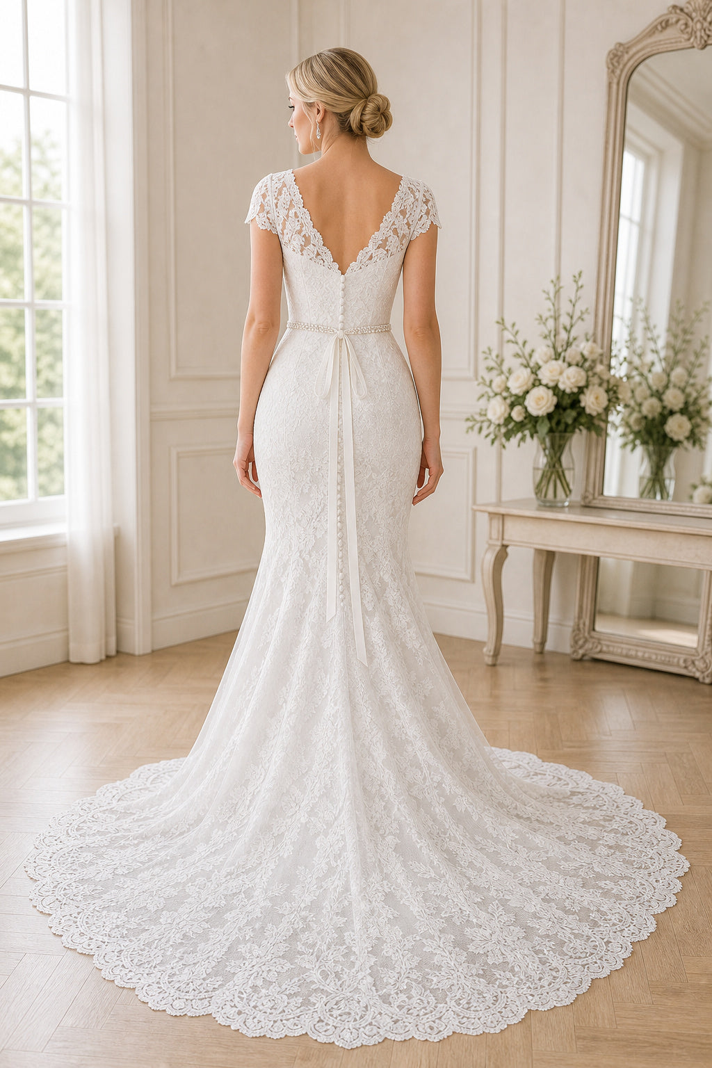White Off-the-shoulder Flutter Sleeves A-Line Chiffon Floor-length Wedding Dress With Layered Skirt and Beaded Bodice and Open Back