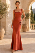 Orange Square Neck Satin Mermaid Formal Dress with Wide Straps and Side Split front view