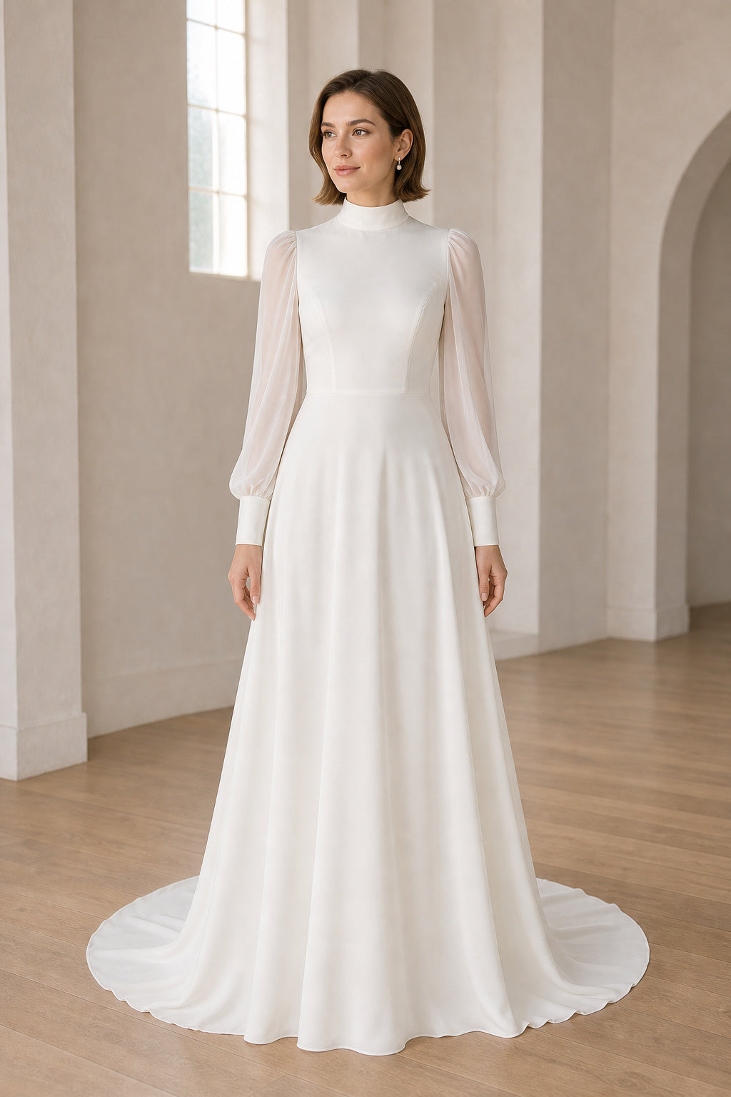 White Scoop Cap Sleeves A-Line Chiffon Floor-length Wedding Dress With Pleated Skirt and Layered Skirt and Open Back Lace Hem Detail