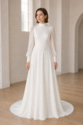 White Scoop Cap Sleeves A-Line Chiffon Floor-length Wedding Dress With Pleated Skirt and Layered Skirt and Open Back Lace Hem Detail