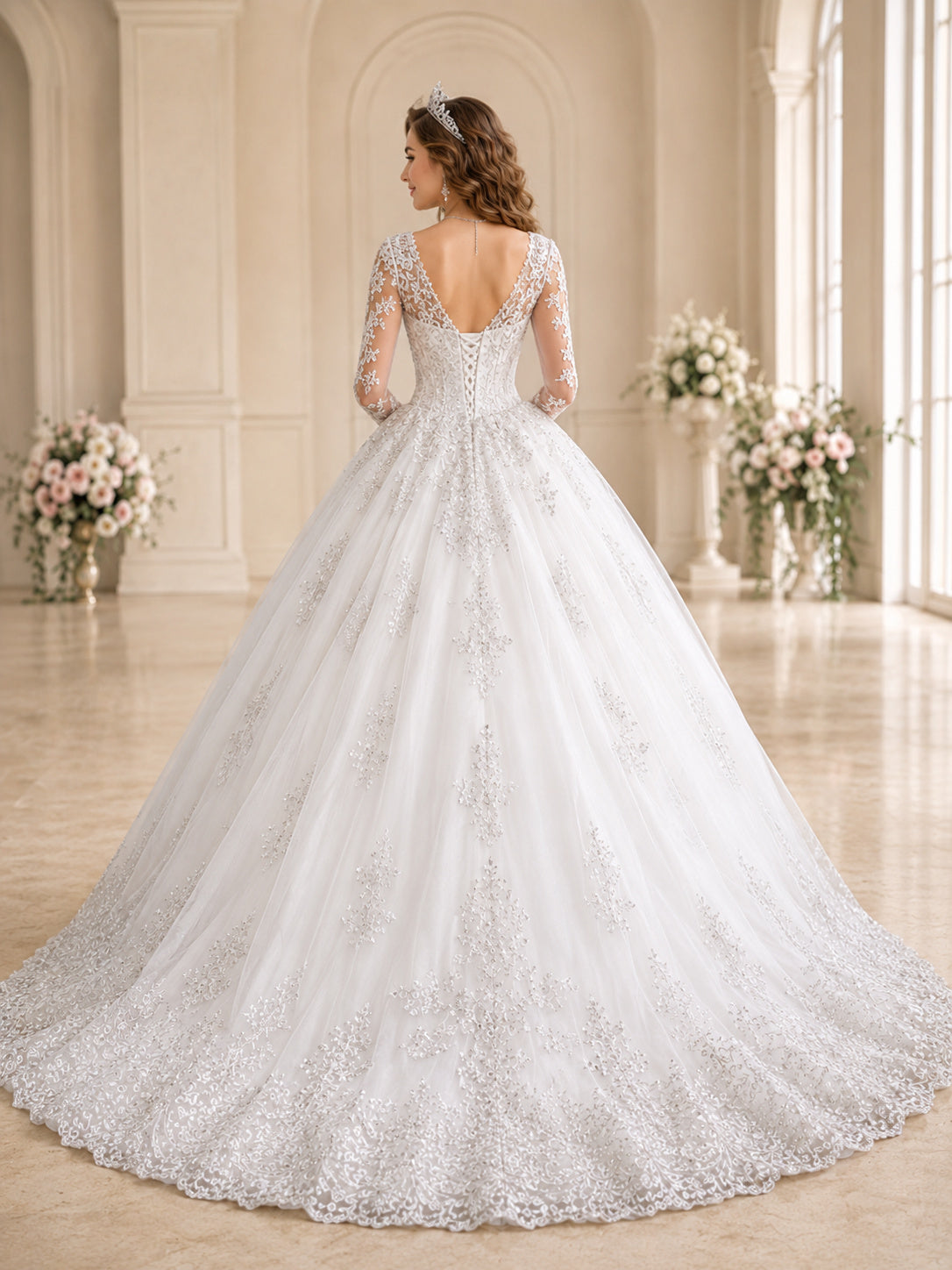 White Silver Long Sleeve V Neck Embroidered Cathedral Train Quinceanera Ball Gown back view