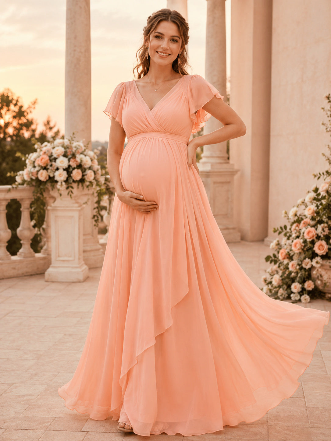 Peach Maternity Flutter Sleeve V Neck Chiffon A-Line Sweep Train Garden Gown front view