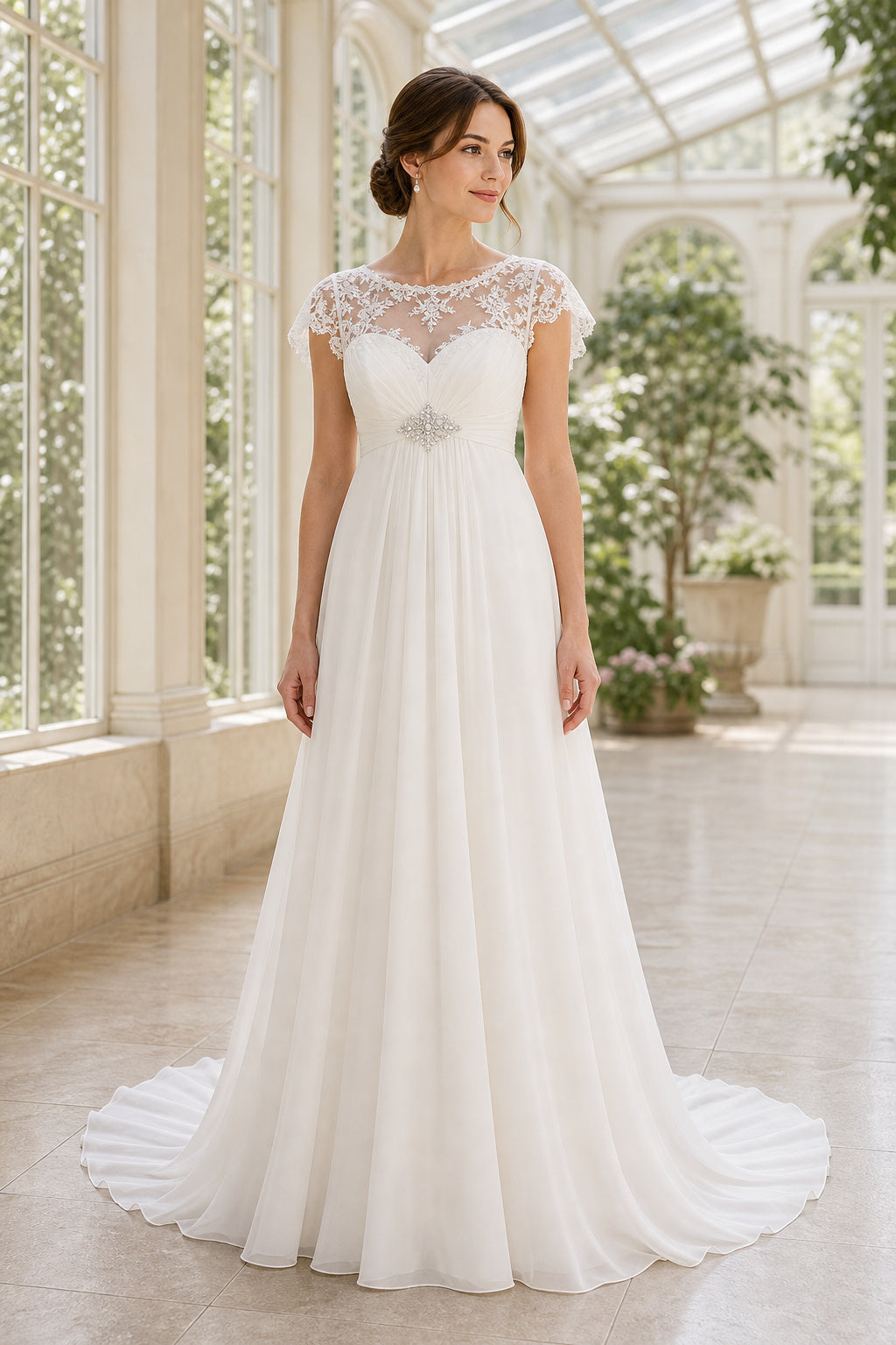 White V-neck A-Line Satin Floor-length Wedding Dress With Front Slit and Beaded Waist and Open Back