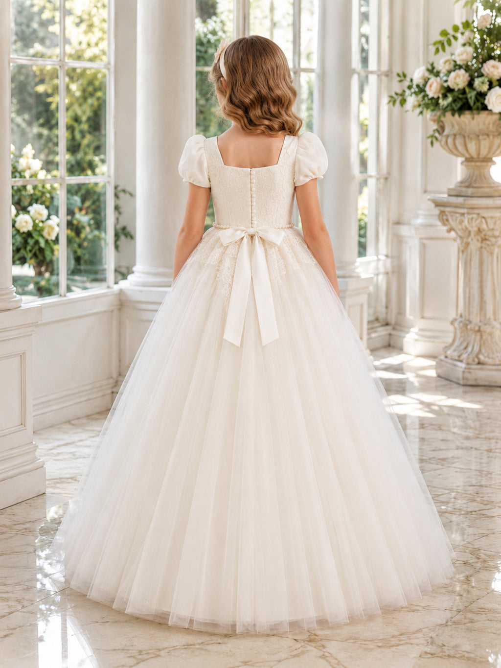 Flower Girl Dress Ivory Tulle Satin A-Line Short Sleeve Scoop Neck Floor Length Bow Back back view