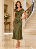 Olive Satin Midi Sheath Elegant Mother of the Bride Cocktail Dress with Cowl Neck Cap Sleeves and Diagonal Draping front view