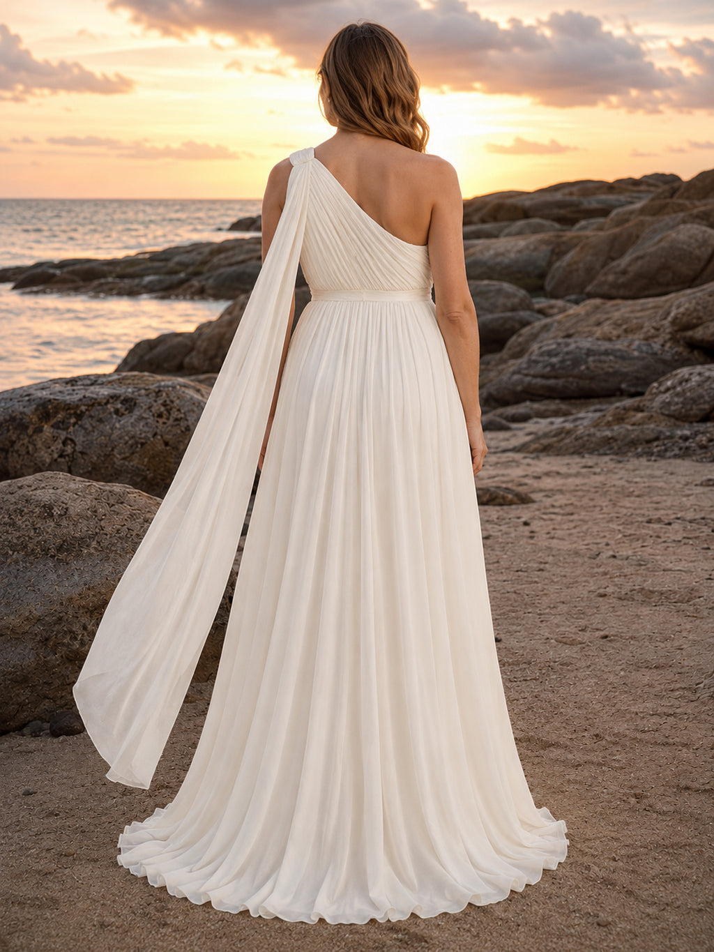 Maternity Beach Chiffon Wedding Dress Empire One Shoulder Sleeveless Floor Length Bridal Gown back view