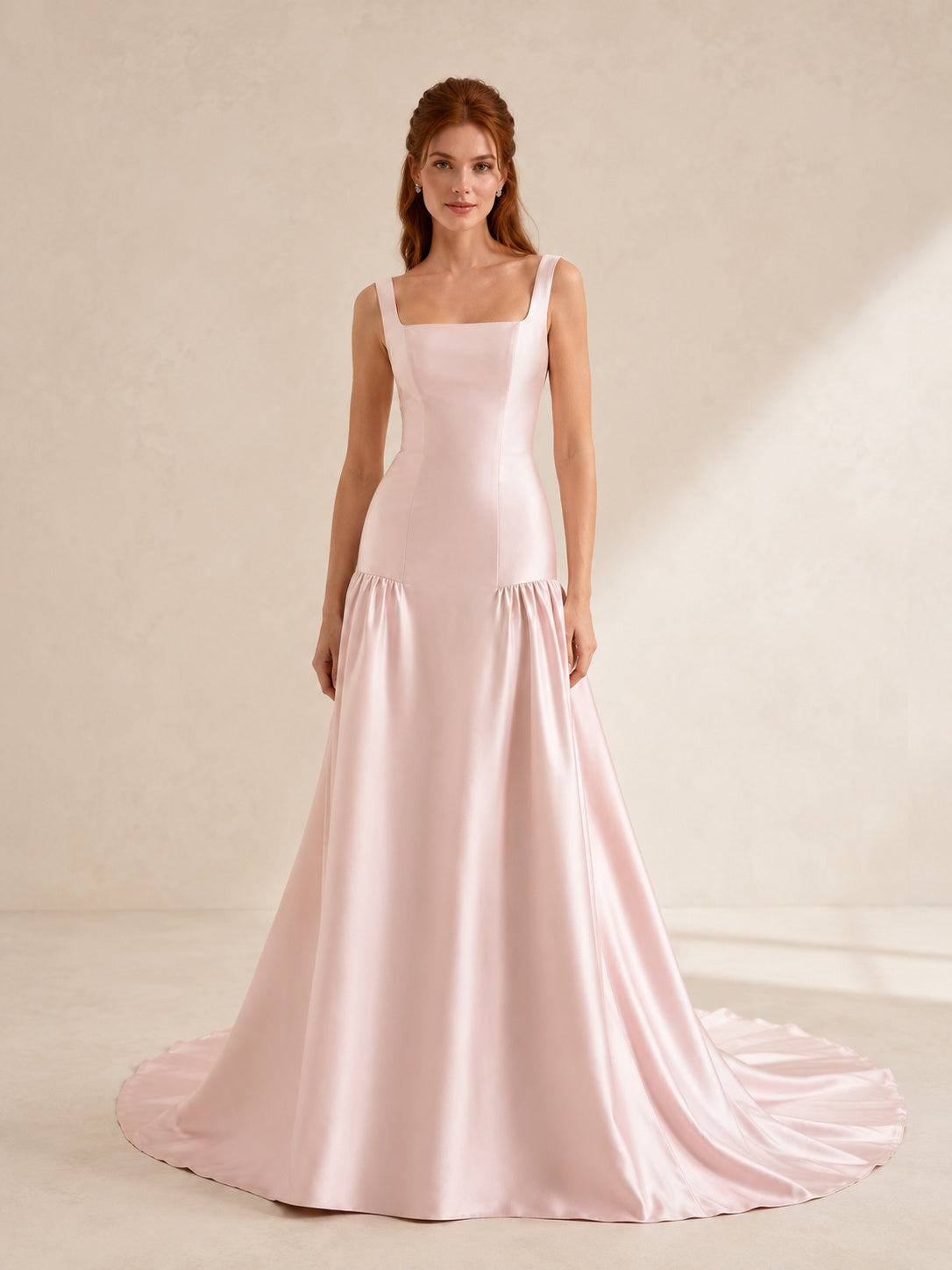 Blush Square Neck Straps Back Bow Dropped Waist Satin Wedding Dress front view