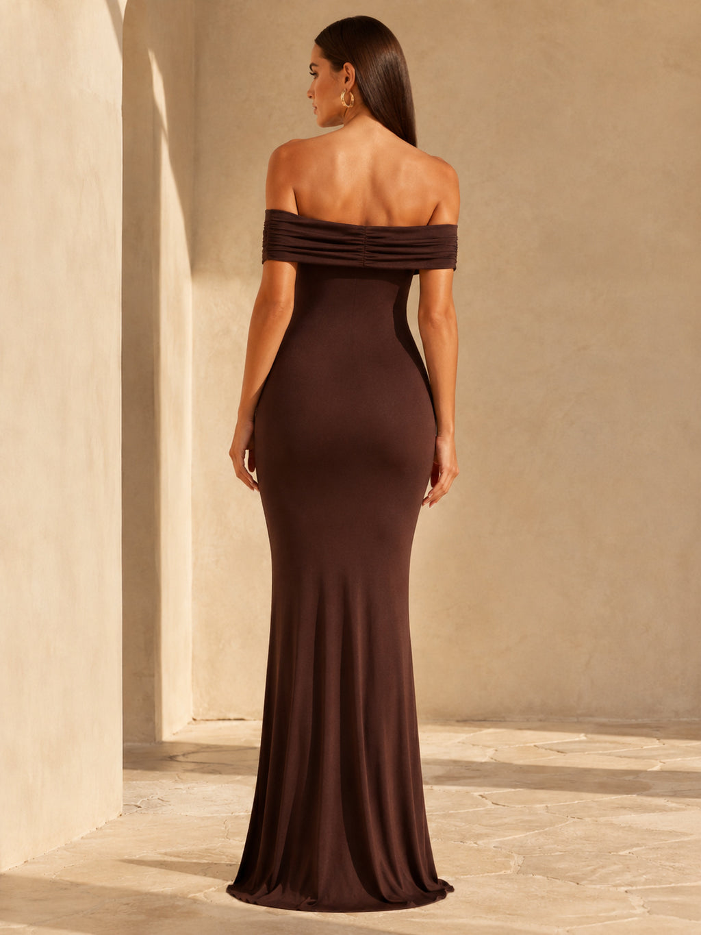 Chocolate Off Shoulder Foldover Floor Length Sheath Evening Dress back view