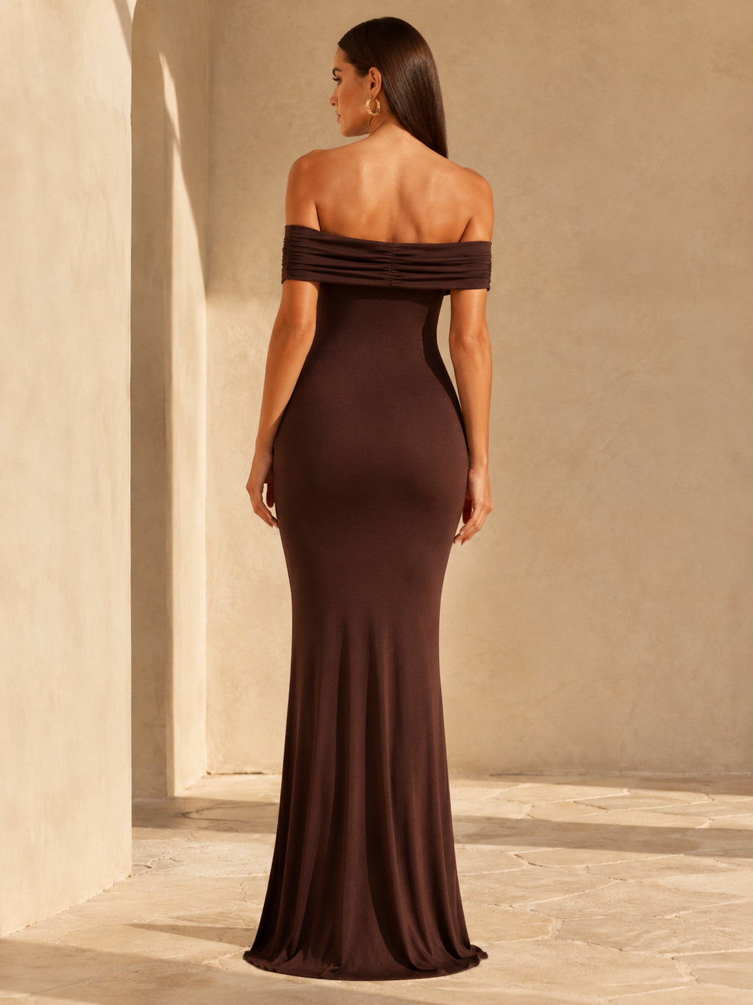 Chocolate Off Shoulder Foldover Floor Length Sheath Evening Dress back view