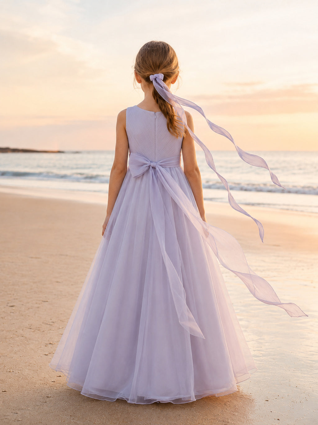 Flower Girl Dress Lavender Chiffon A-Line Sleeveless V Neck Floor Length Sash Detail back view