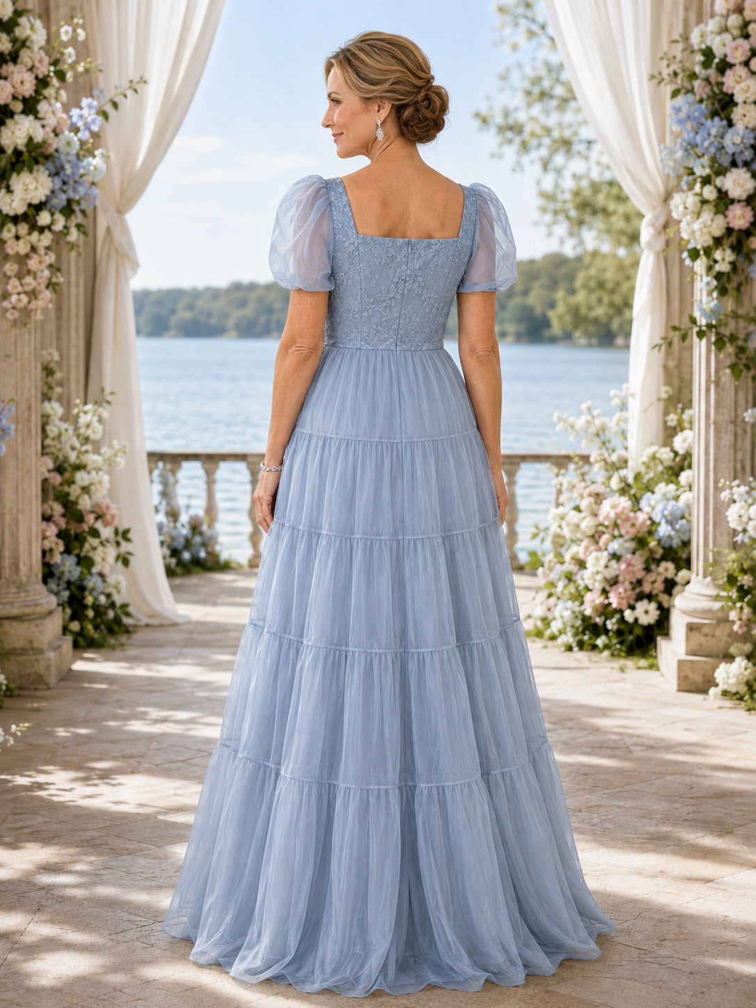 Steel Blue Vintage Square-Neck Short Puff-Sleeve Tiered Organza A-Line Floor-Length Spring Mother of the Bride Gown back view