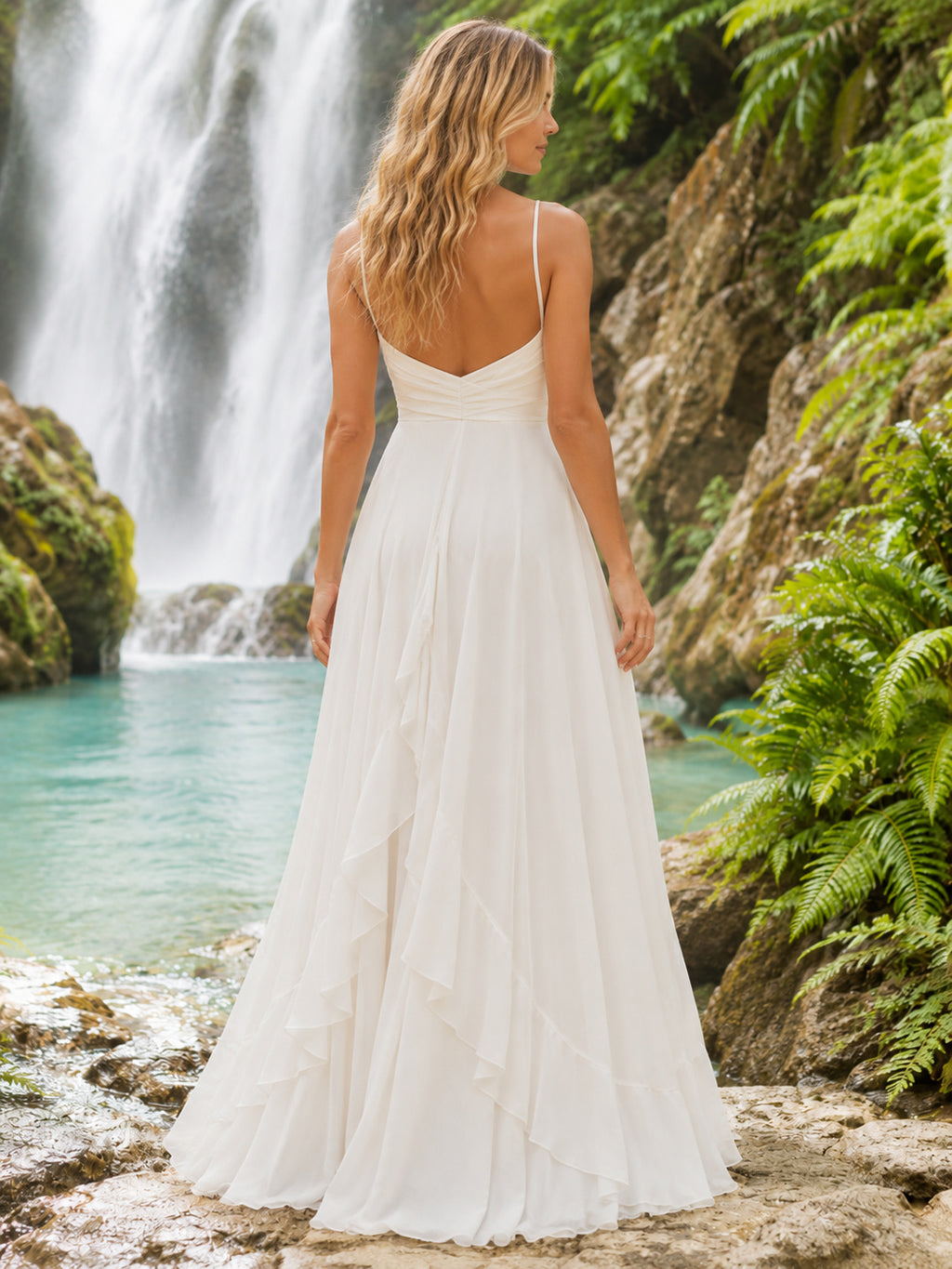 Ruffle Hem Sweetheart Tropical Waterfall Elopement Bridal Gown back view