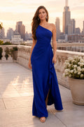 Royal Blue One-Shoulder Chiffon A-Line Dress with Front Slit front view