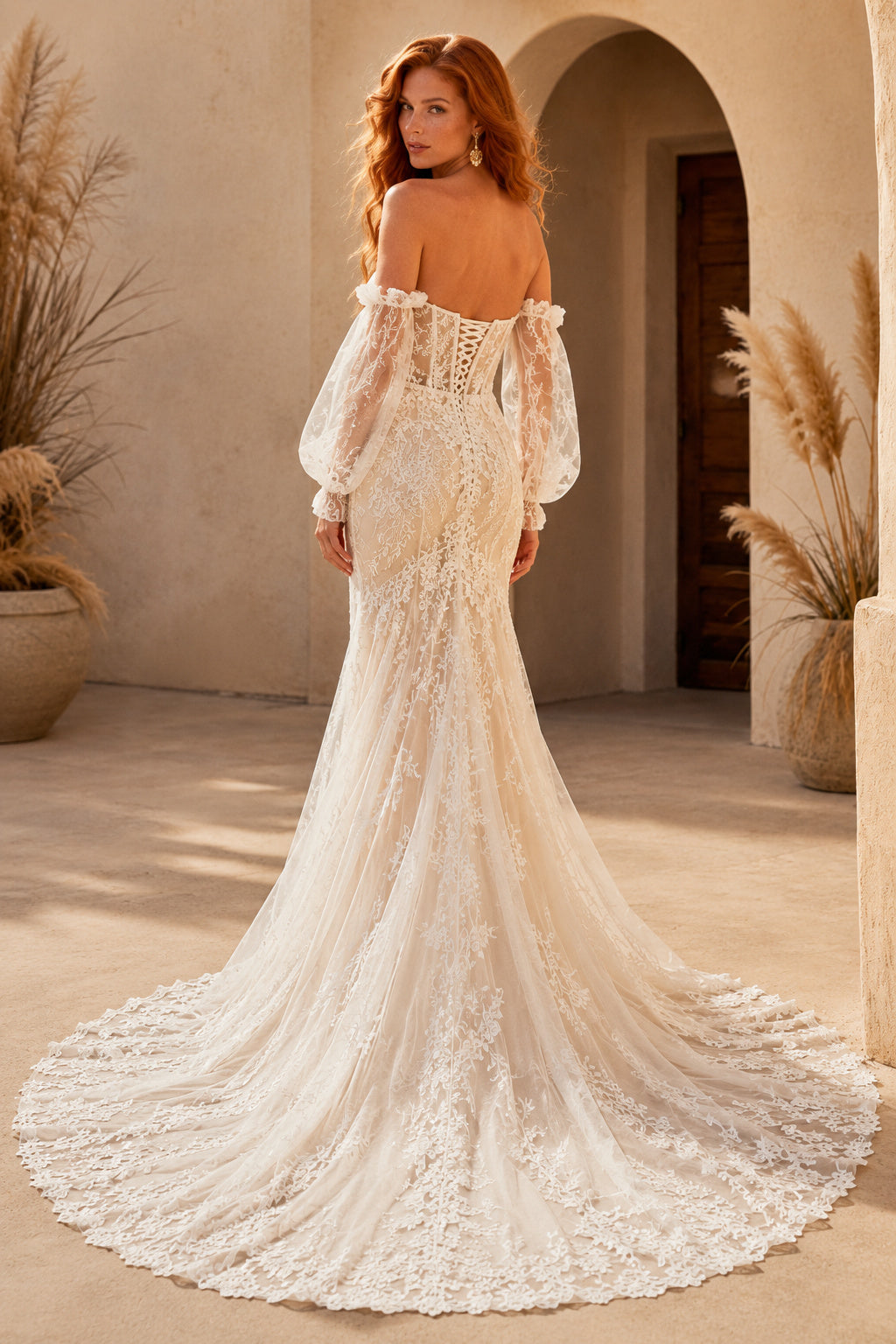Ivory Off Shoulder Bell Sleeve Lace Mermaid Wedding Dress Split Train for Wedding Ceremony and Reception Style MG_701417 back